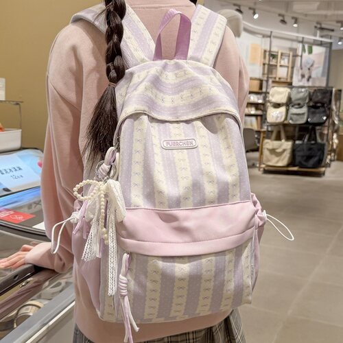 路可斯威条纹撞色蝴蝶结书包女初中高中大学生背包小众甜酷双肩包
