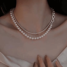 法式双层珍珠项链叠戴毛衣链女轻奢小众珍珠项链颈链2024新款爆款