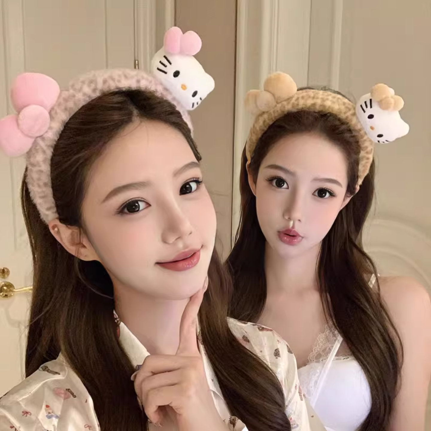 萌趣姐妹豹纹毛绒kitty猫发箍女洗脸专用可爱卡通头箍少女心发卡
