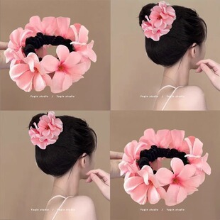 氛围感粉色鸡蛋花发圈花朵头绳女丸子头发绳扎头发橡皮筋头花头饰