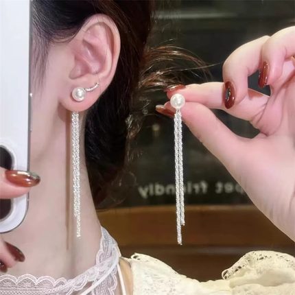 长款两戴珍珠流苏耳环女轻奢小众女神质感银针耳钉高级感个性耳饰