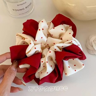 2026新年红色波点大肠发圈女慵懒风丸子头超大号百搭头花发卡头绳