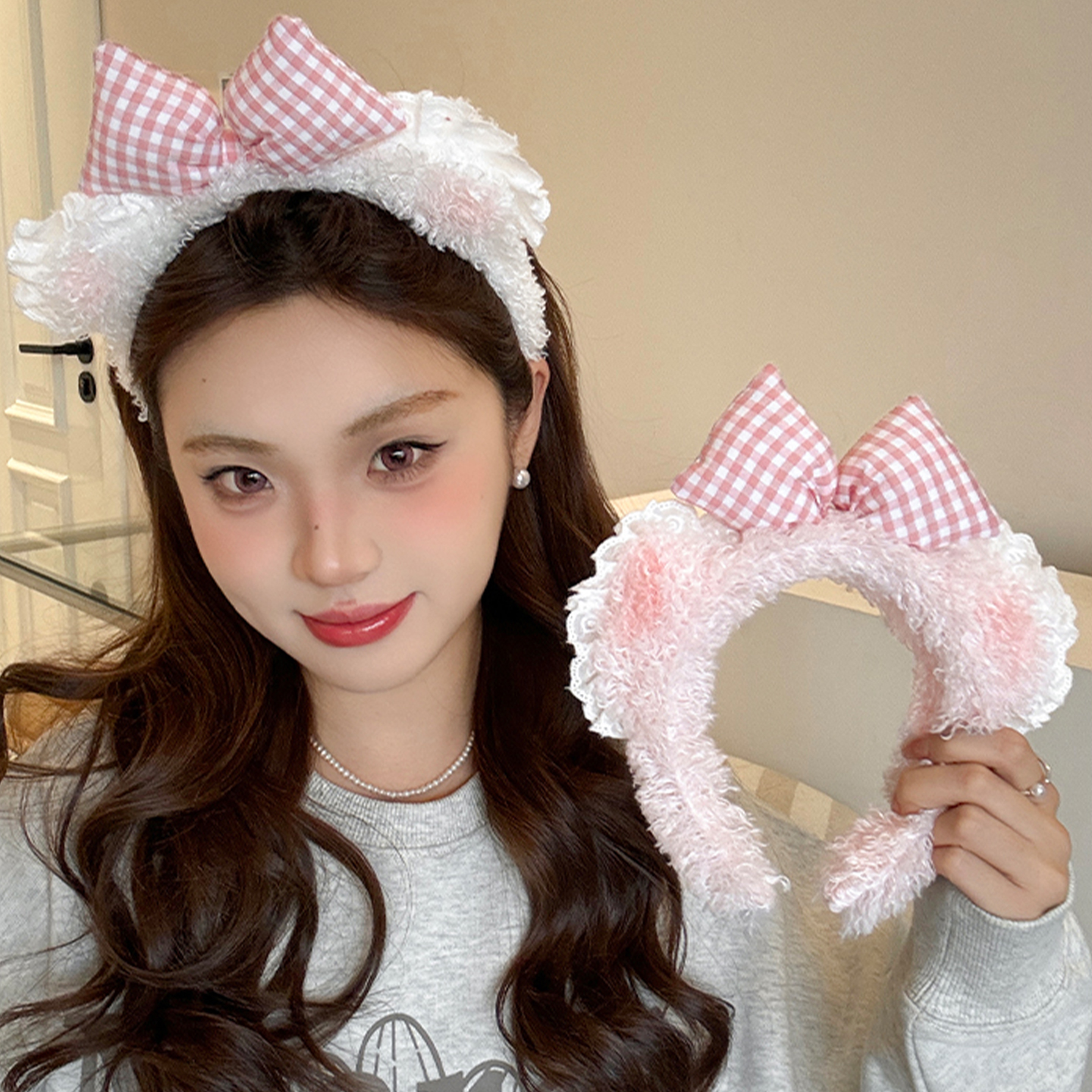 可爱蕾丝蝴蝶结小熊耳朵毛绒发箍