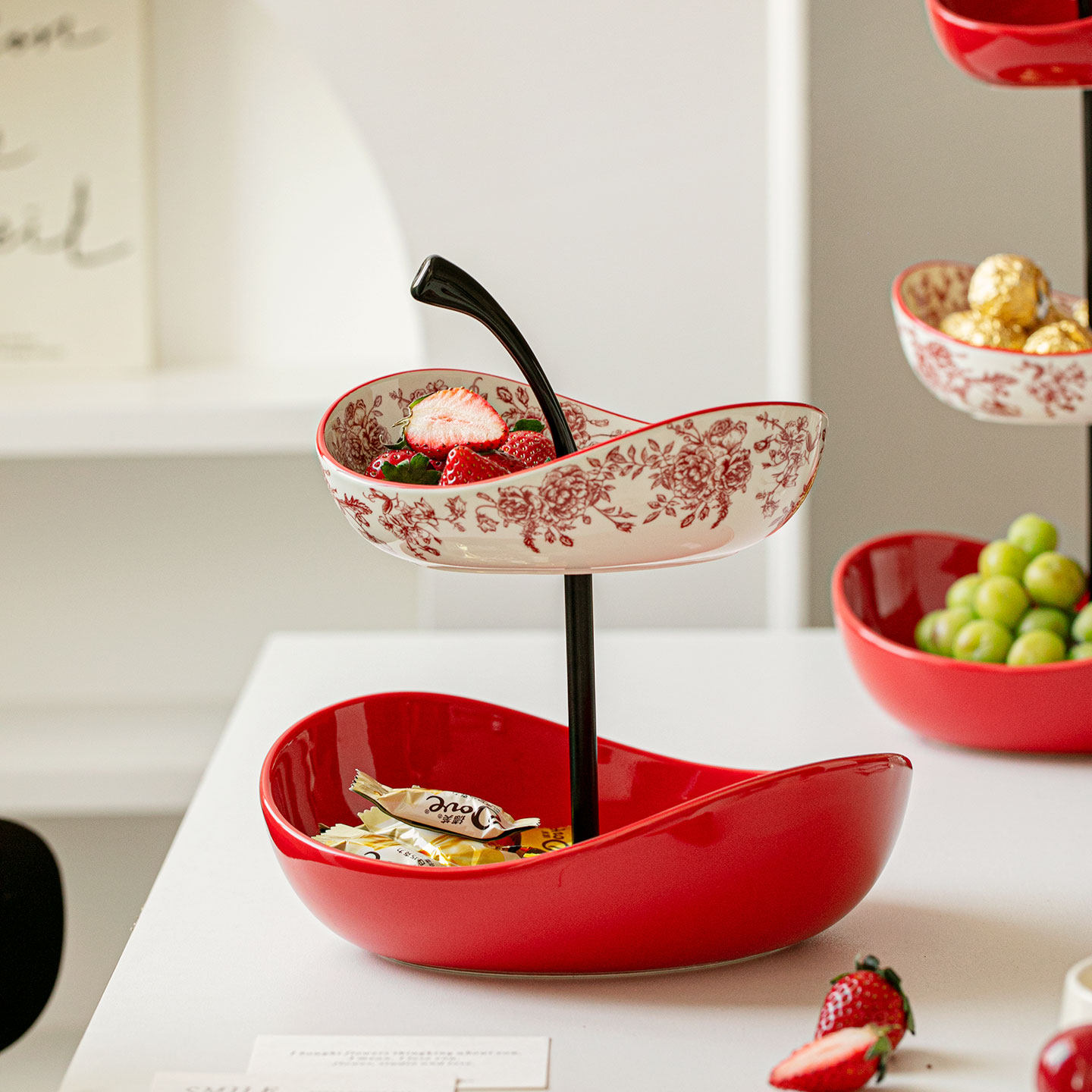 红色双层水果盘陶瓷果篓家用零食盘送礼摆件客厅茶几家用2026新款,家居饰品,果盘/果篓,淘宝优惠券,粉丝福利购,淘宝优惠卷