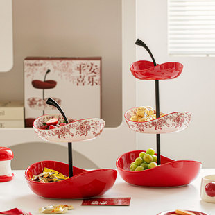 中式陶瓷三层果盘喜庆水果盘客厅茶几果篮零食糖果收纳盘前台摆件