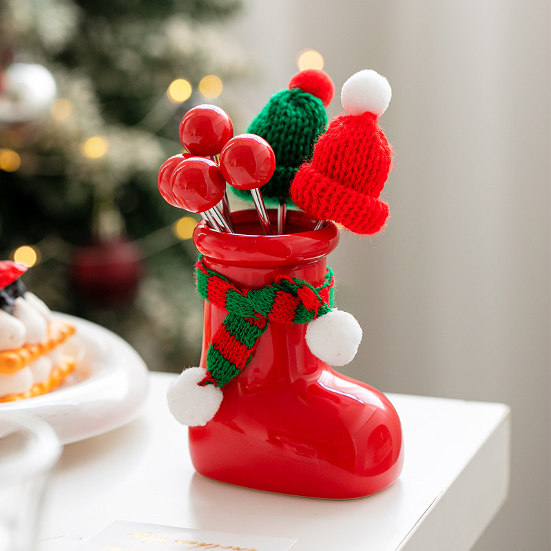 圣诞靴子水果叉套装不锈钢甜品可爱小叉子收纳罐果插儿童安全果签,餐饮具,水果叉/水果签,淘宝优惠券,粉丝福利购,淘宝优惠卷