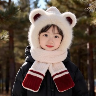 儿童小熊毛绒帽子冬季加绒加厚围巾手套一体男女童宝宝保暖三件套