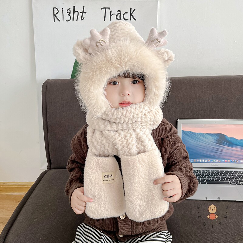 儿童冬天M鹿角毛茸茸保暖护耳三件套男女宝宝加厚围巾手套一体帽 - 封面