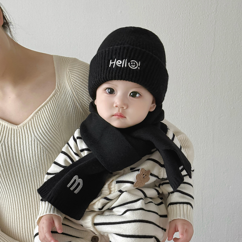 宝宝帽子围巾秋冬季婴儿两件套装保暖针织帽0-1-2到5岁儿童毛线帽