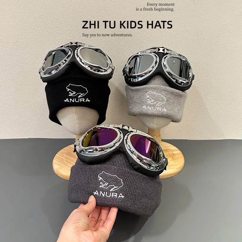 儿童帽子秋冬2025新款男童冬季保暖针织帽女孩宝宝滑雪眼镜毛线帽