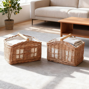 复古简约手工编织收纳筐浴室阳台大容量脏衣篮带提手洗衣篮收纳篮