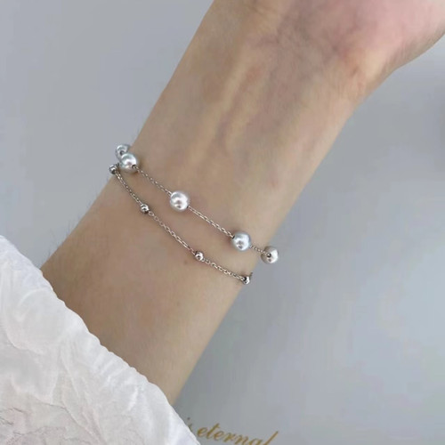 日本天然海水真多麻双层满天星手链18k卡链高级灰蓝色手饰可调节