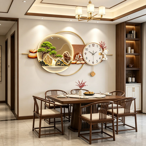 现代饭厅挂钟装饰画LED气氛灯静音时钟饭餐桌背景墙壁画创意挂画