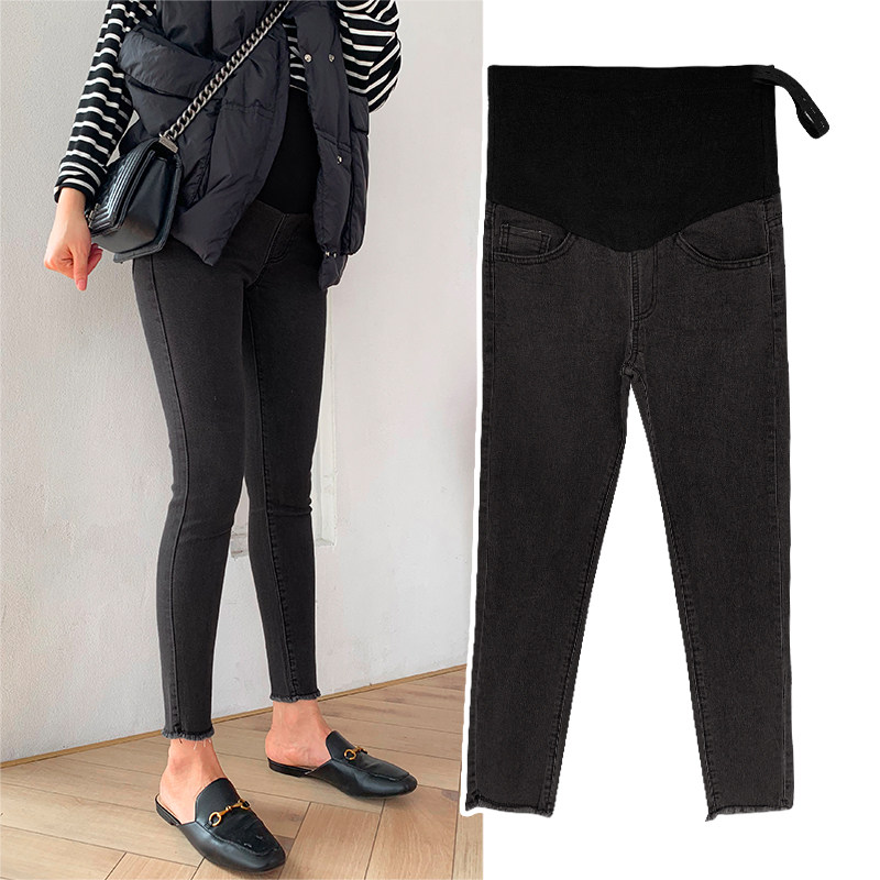 孕妇裤子春秋外穿时尚款烟灰色弹力小脚牛仔裤春季九分打底裤秋冬