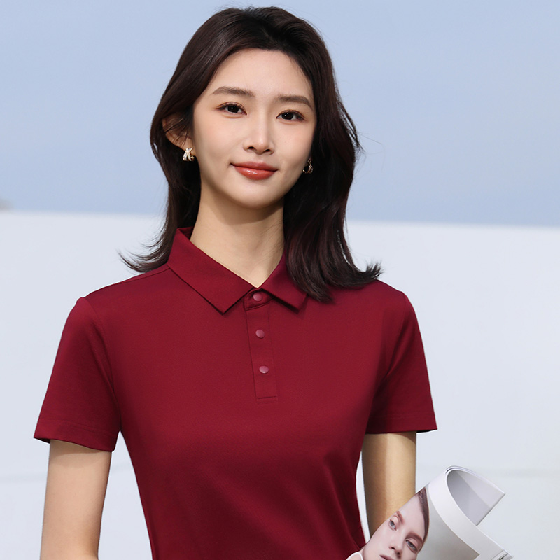 酒红色短袖工作服T恤衫女定制有半袖POLO衫企业团队大码上衣刺绣