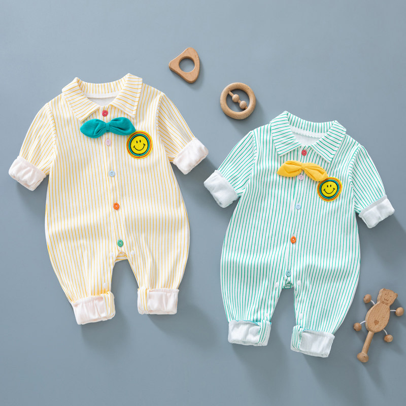 春秋婴儿连体衣纯棉男女宝宝春装条纹笑脸哈衣3个月6新生儿衣服潮