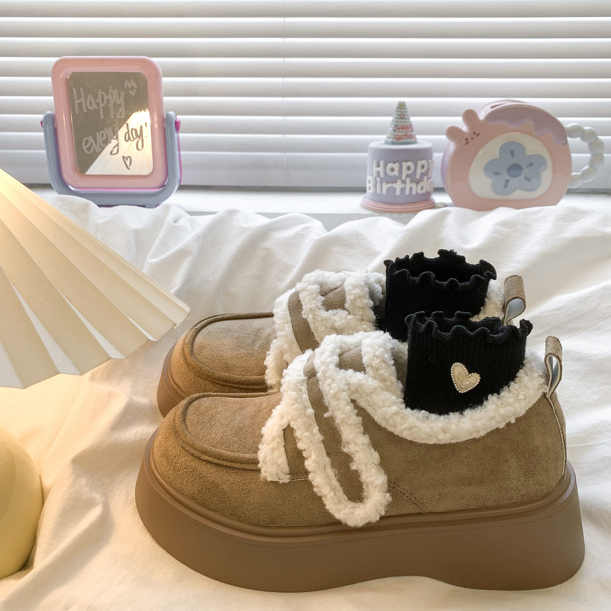 厚底加绒魔术贴勃肯鞋女2025秋冬新款毛毛雪地棉鞋保暖乐福小皮鞋