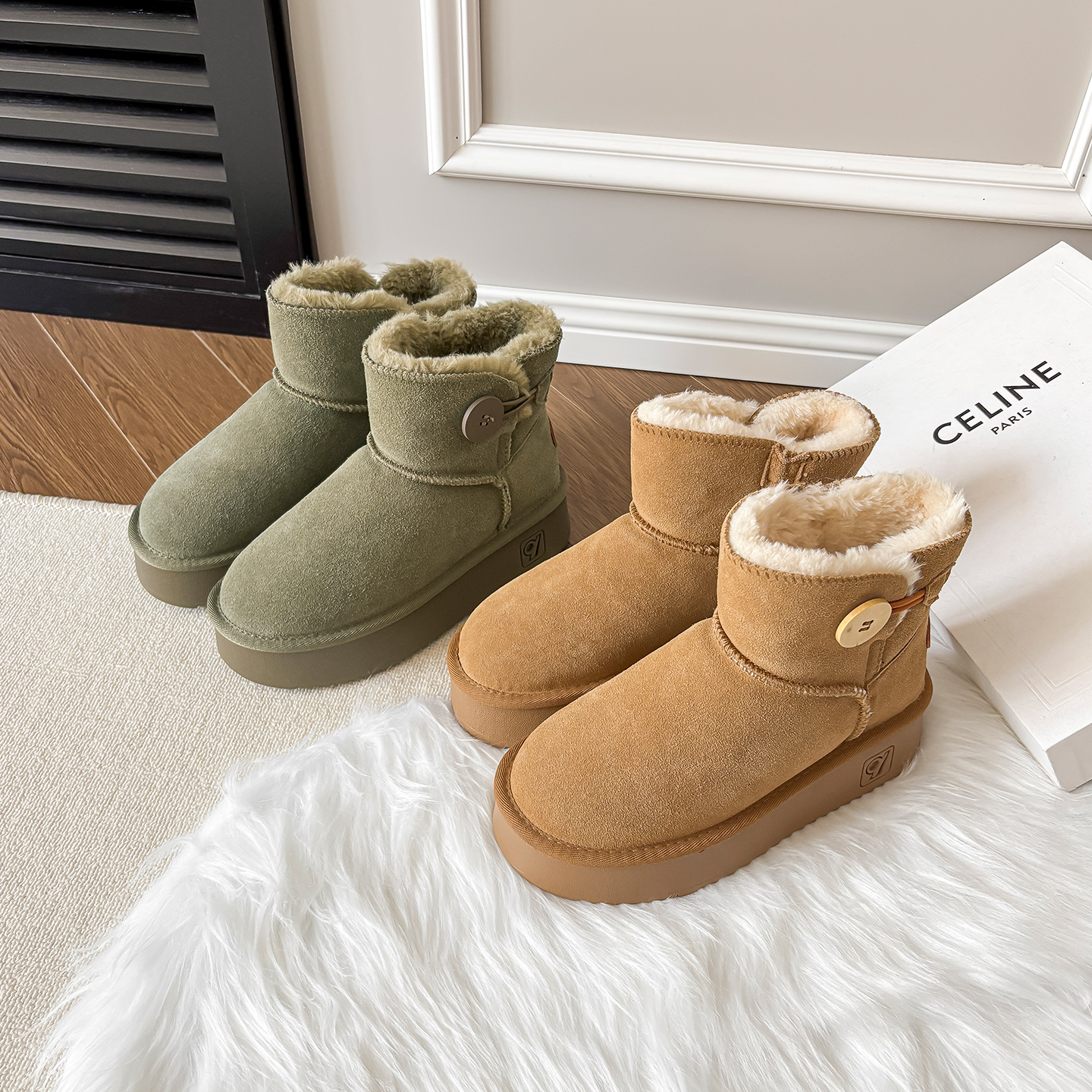 一三良品秋冬一粒扣短筒小码34雪地靴新百搭加绒加棉保暖面包鞋女