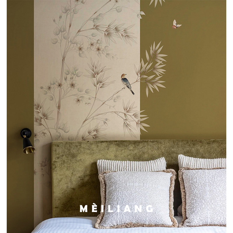 美良竹子花鸟壁纸中式复古轻奢客厅墙纸餐厅茶室无缝墙布定制壁画
