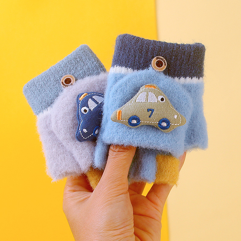 男宝宝手套秋冬季保暖半指翻盖两用露指1-4岁男童儿童可爱萌幼儿