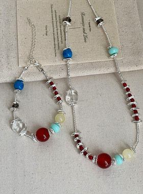 潮流ins彩色天然石串珠项链手链