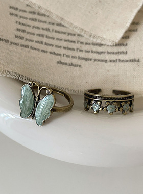 中古风轻奢感滴油蝴蝶花朵开口戒指女个性独特时尚指环戒子