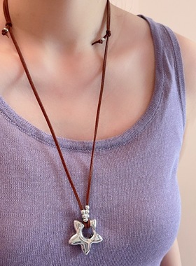 韩国博主同款设计感镂空五角星吊坠项链女百搭休闲长款毛衣链颈链