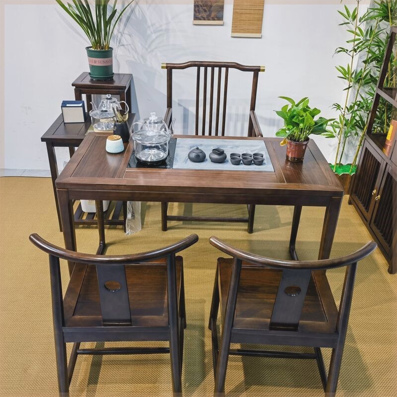 新中式长方形茶桌现代简约轻奢全实木茶桌椅组合小户型办公泡茶台