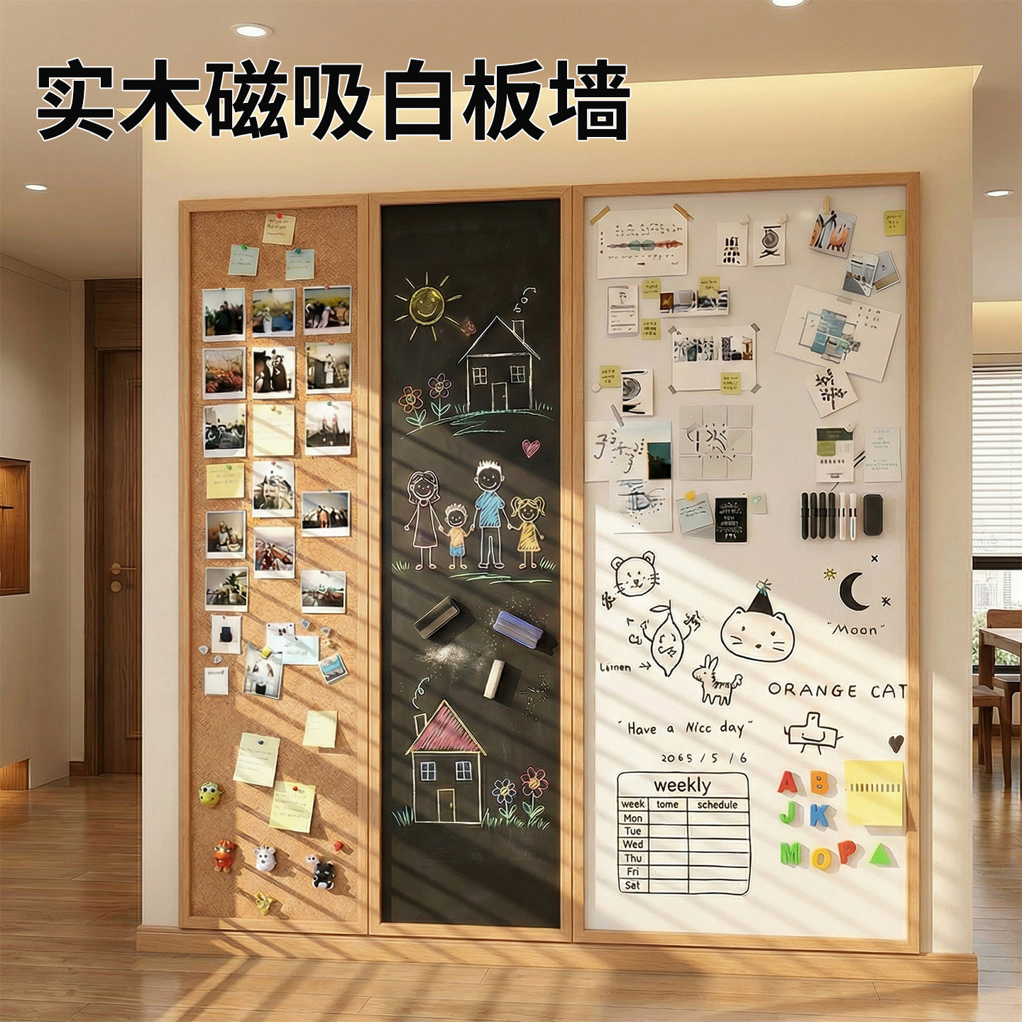磁吸珐琅白板墙面磁吸黑板墙贴儿童家用带框边框哑光可擦写版挂墙照片墙教学涂鸦磁性展示板定制板实木软木板