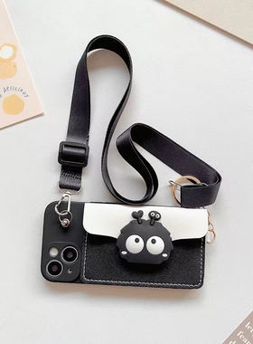 卡通煤球插卡零钱包适用三星s23ultra手机壳A54可背s10plus斜跨挂绳s8s9女潮note9呆萌小众A33软硅胶s21FE套