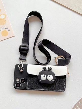 卡通煤球插卡零钱包适用三星s23ultra手机壳A54可背s10plus斜跨挂绳s8s9女潮note9呆萌小众A33软硅胶s21FE套