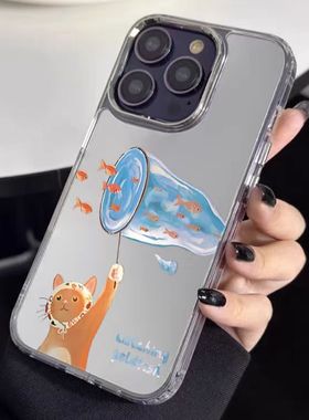 趣味捕鱼小猫镜面适用realme真我v50手机壳Neo3T亚克力realme10s卡通可爱x7pro硬套v23v11小众Q5i情侣XT外壳