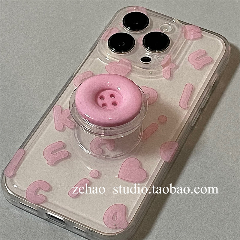少女粉ins字母纽扣支架适用iPhone14promax苹果12手机壳13mini全包5s透明xsmax硅胶11/7plus小众se2防摔8p套6