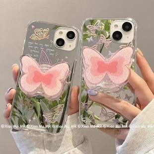 ins少女心蝴蝶镜面支架适用redmi9红米k60pro+手机壳k20小清新K40S女k50电竞版U补妆镜子k30i小众创意5plus套