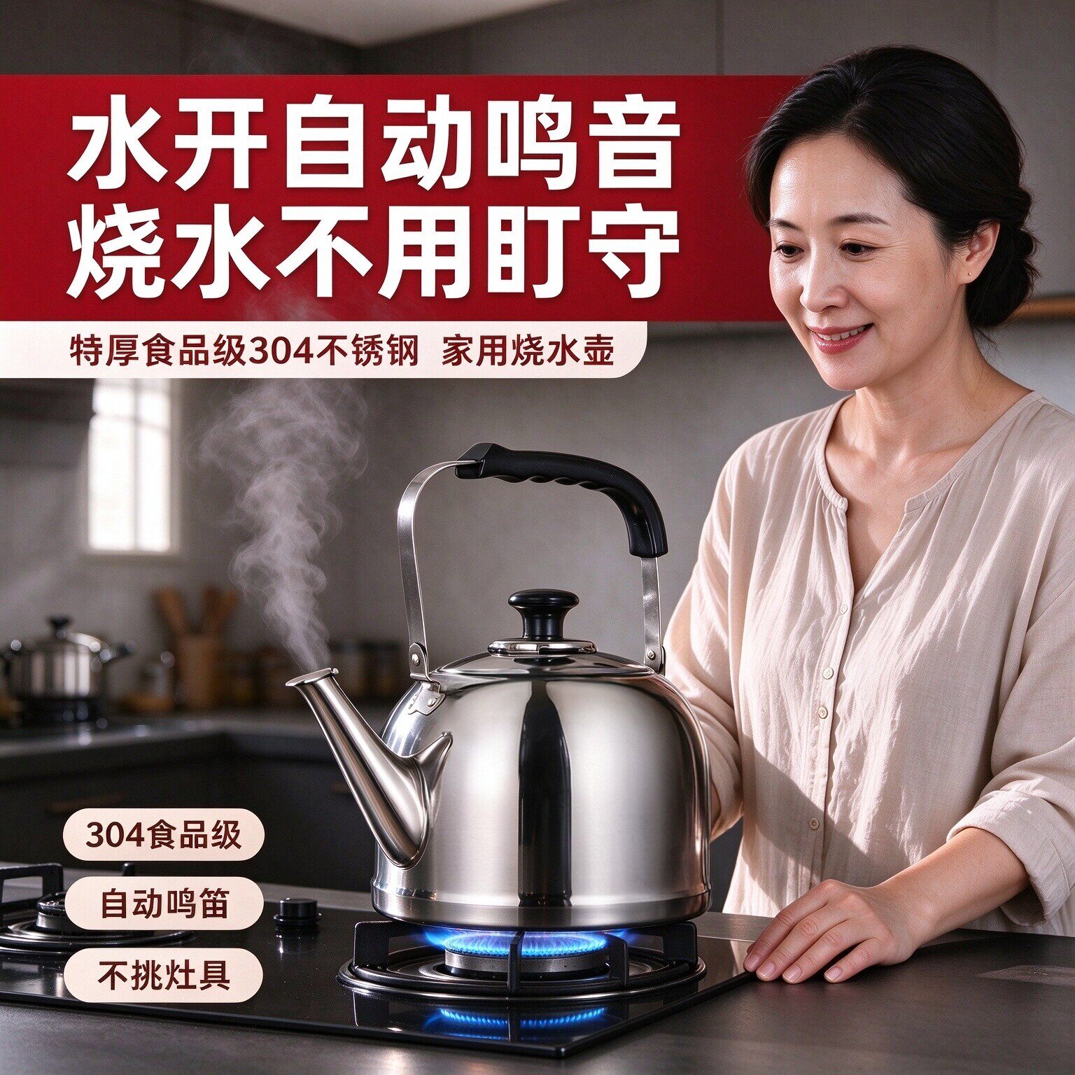 顺发特厚304不锈钢烧水壶自动鸣音家用大容量燃气灶电磁炉通用