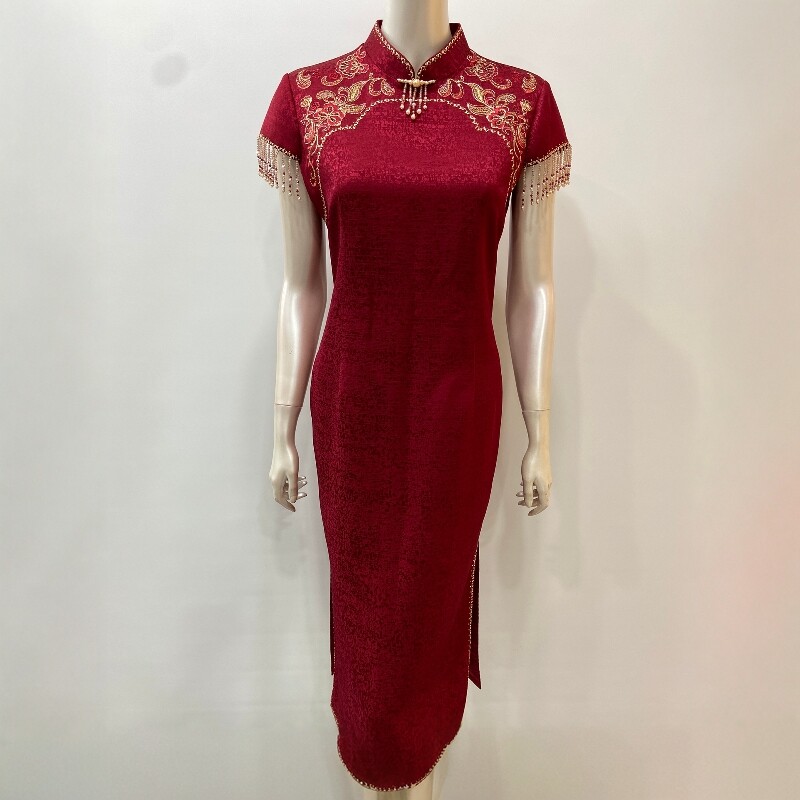高端喜妈妈流苏短袖旗袍裙喜婆婆婚礼服敬酒装高贵刺绣丈母娘裙子