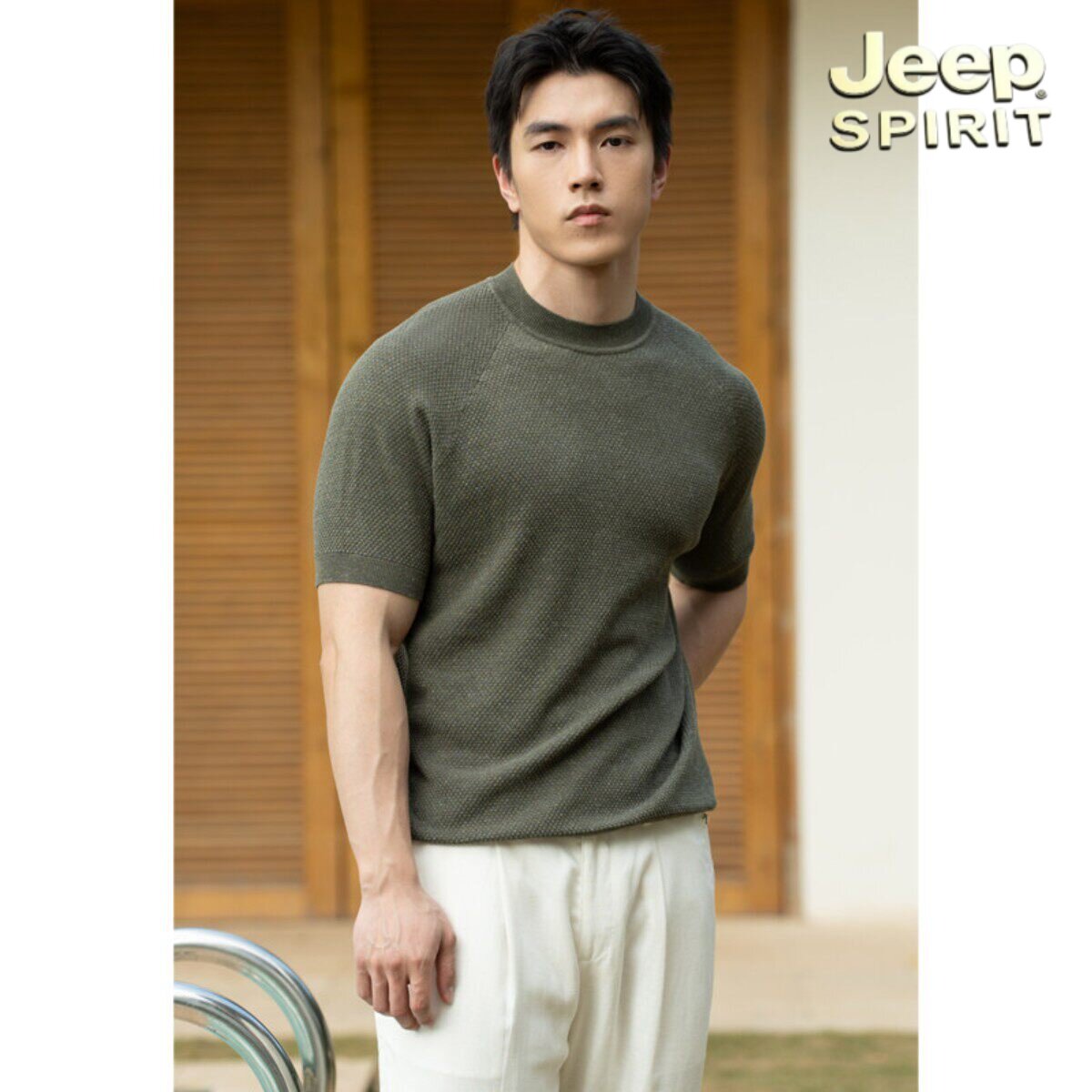 JEEP SPIRIT吉普高端天丝亚麻双色混织夏季透气圆领针织短袖T恤男