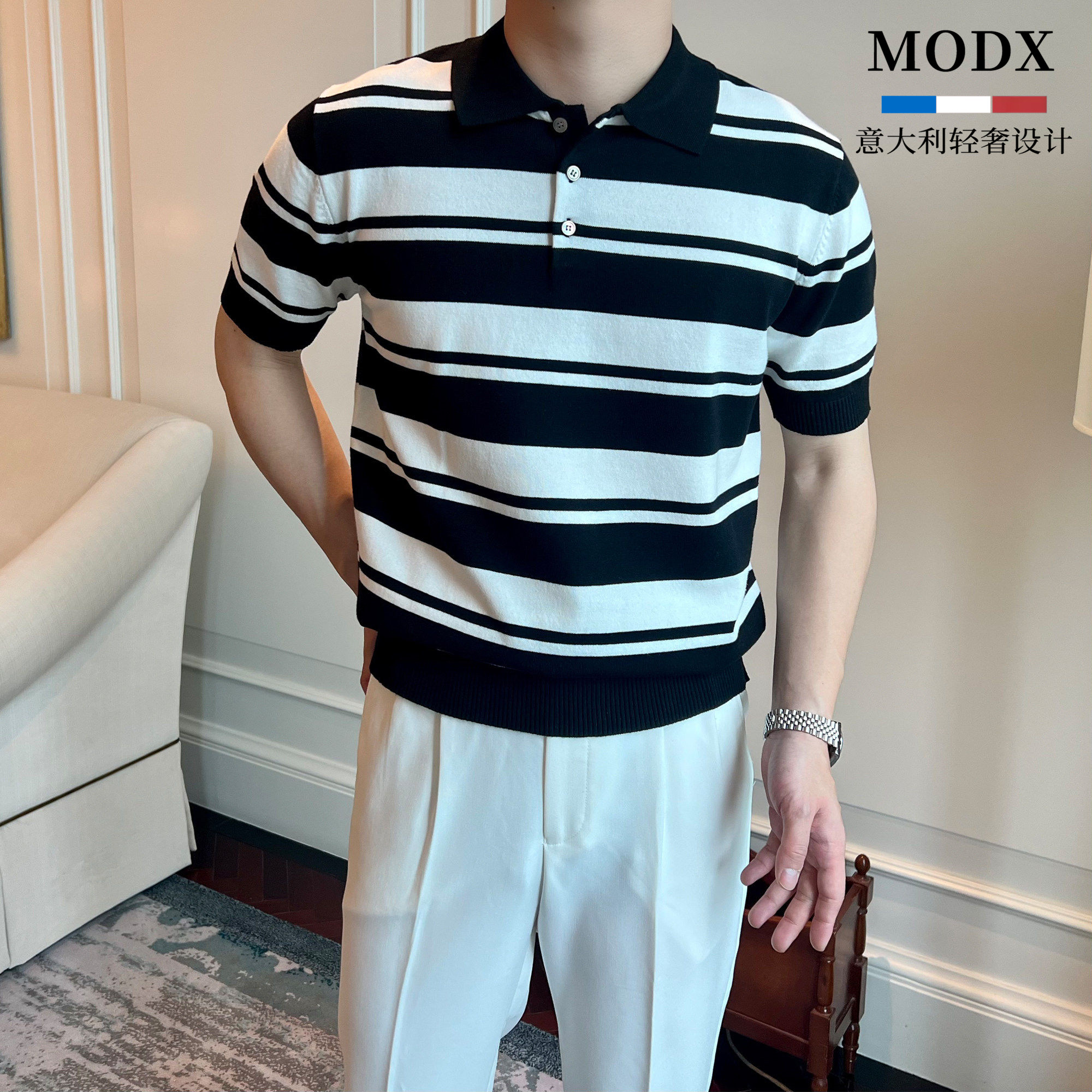 MODX意大利短袖男款polo衫夏季休闲针织T恤男士时尚修身黑白条纹