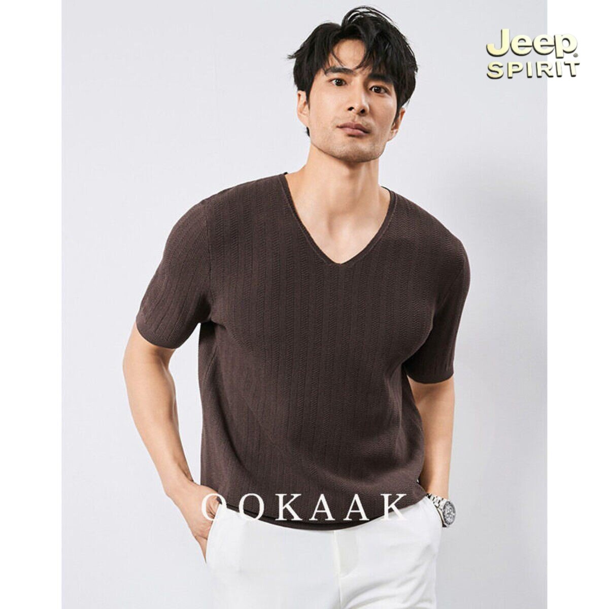 JEEP SPIRIT吉普夏季暗条纹V领冰丝短袖商务休闲针织打底T恤男士