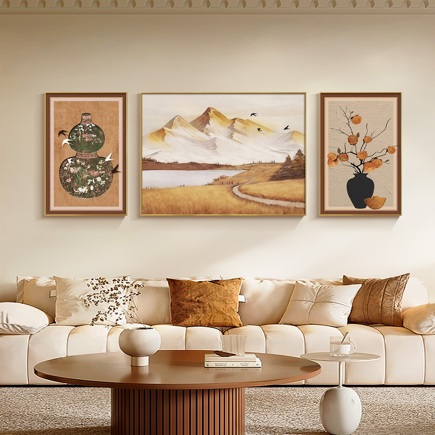 客厅装饰画高档中古风柿柿如意沙发背景墙挂画山水三联画代工