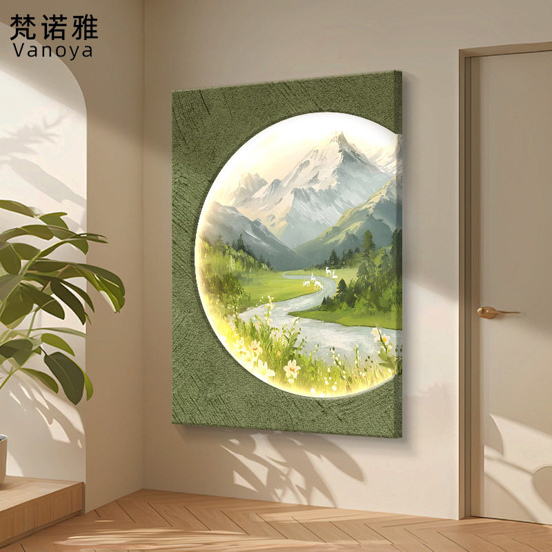 砂岩双层发光入户门玄关装饰画奶油风日照金山挂画走廊过道壁灯画