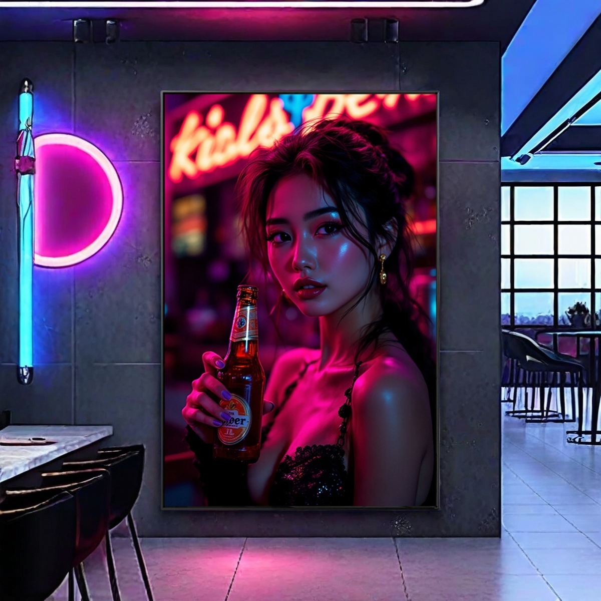 酒吧装饰画KTV包厢氛围布置墙面清吧酒馆挂画啤酒美女烧烤店壁画