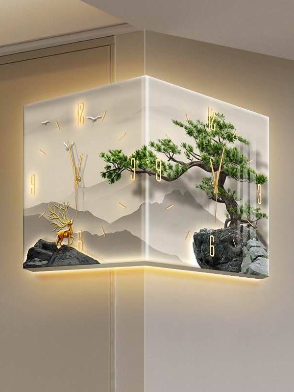 新中国风角钟装饰画欢迎松木角钟挂画双面太阳角钟夜光壁画
