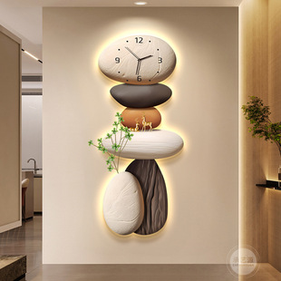 石来运转入户玄关装 饰画带钟表发光灯画走廊尽头电视墙好寓意挂画