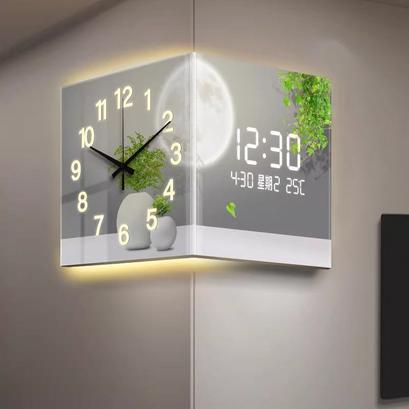 现代简约转角双面时钟客厅墙角拐角钟表绿植数显屏电子挂钟高级感