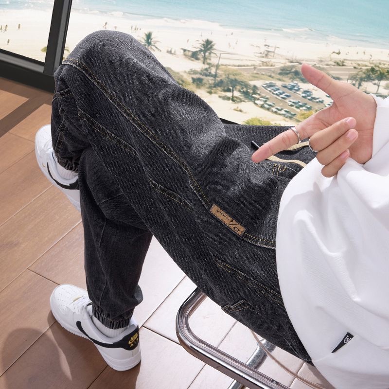 松紧裤头+长裤+束脚+宽松+牛仔裤