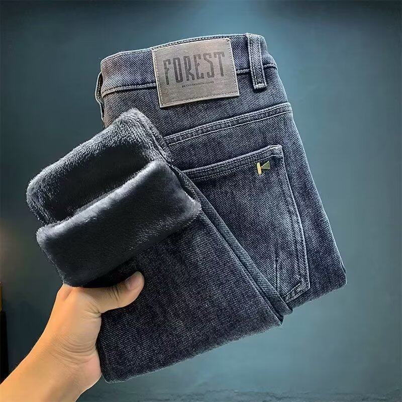 清仓捡漏~潮牌加绒牛仔裤男士秋冬季加厚弹力修身保暖直筒长裤子