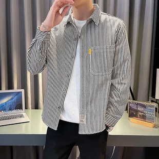 全棉2025新款 长袖 春款 休闲寸衫 衬衣外套 潮流竖条纹衬衫 春秋季 男装