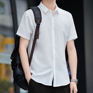 泡泡纱衬衫男款短袖夏天冰丝高级感痞帅风衣服夏季竖条纹提花衬衣