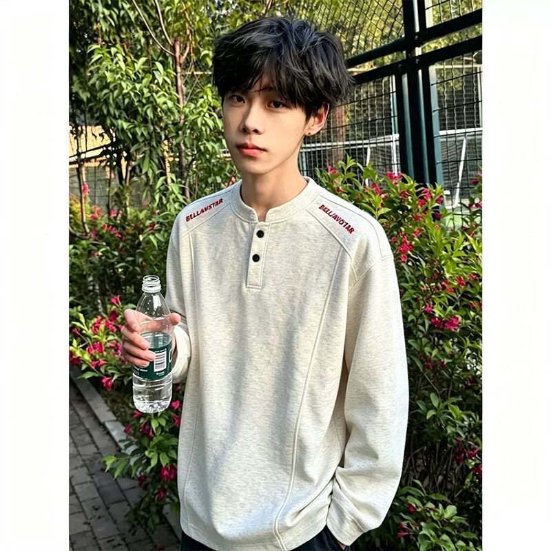白花灰美式刺绣亨利领长袖t恤男秋季重磅正肩卫衣cleanfit打底衫